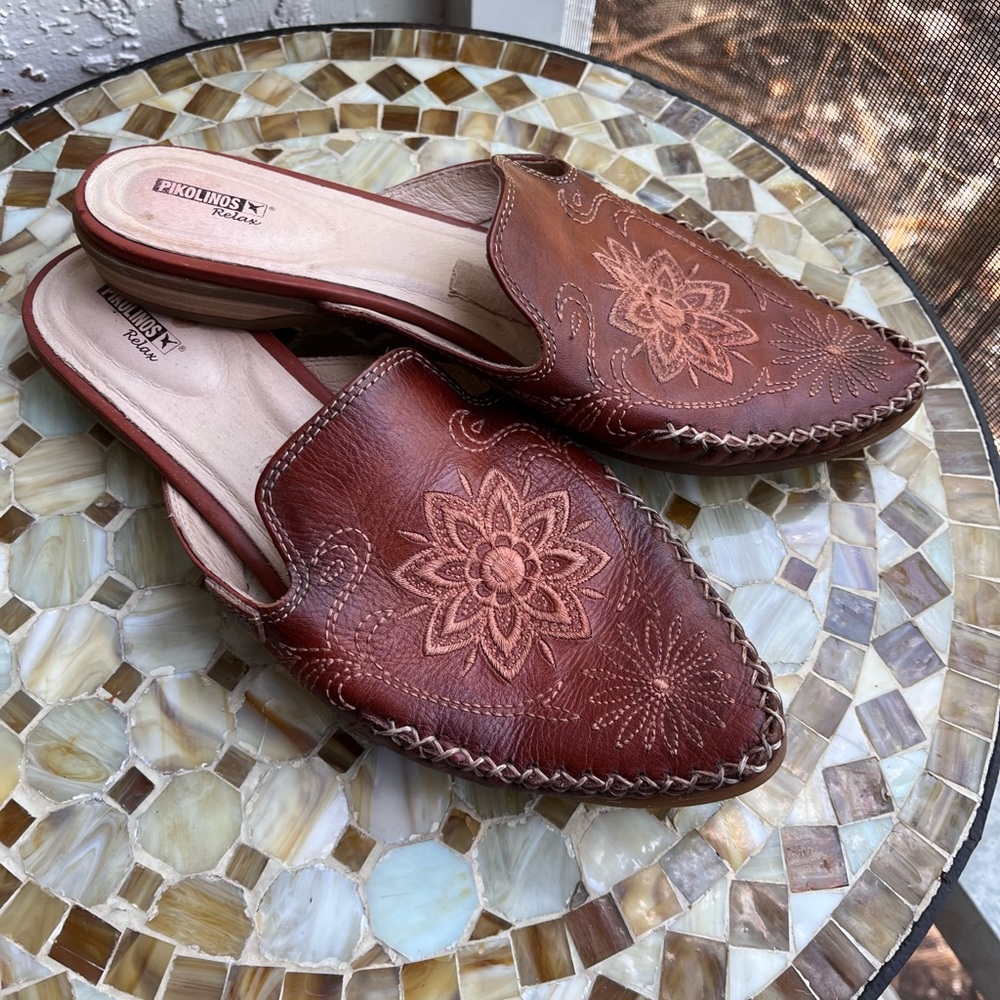 Pikolinos Brown Leather Mules with Embossed Design